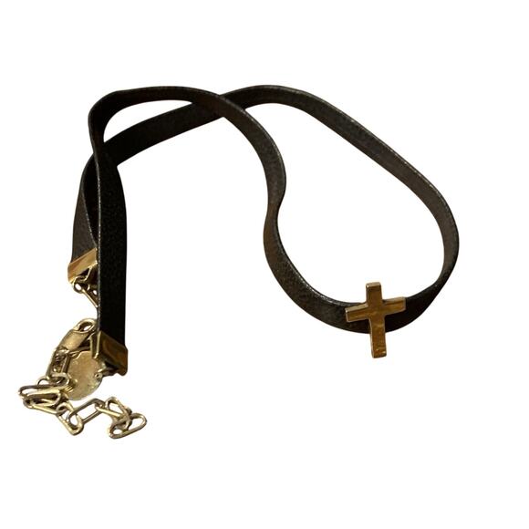 Jennifer Zuener Black Leather and Gold Cross Wrap Bracelet - Picture 2 of 5